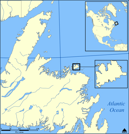 Map showing location of Fogo Island in Newfoundland and in North America