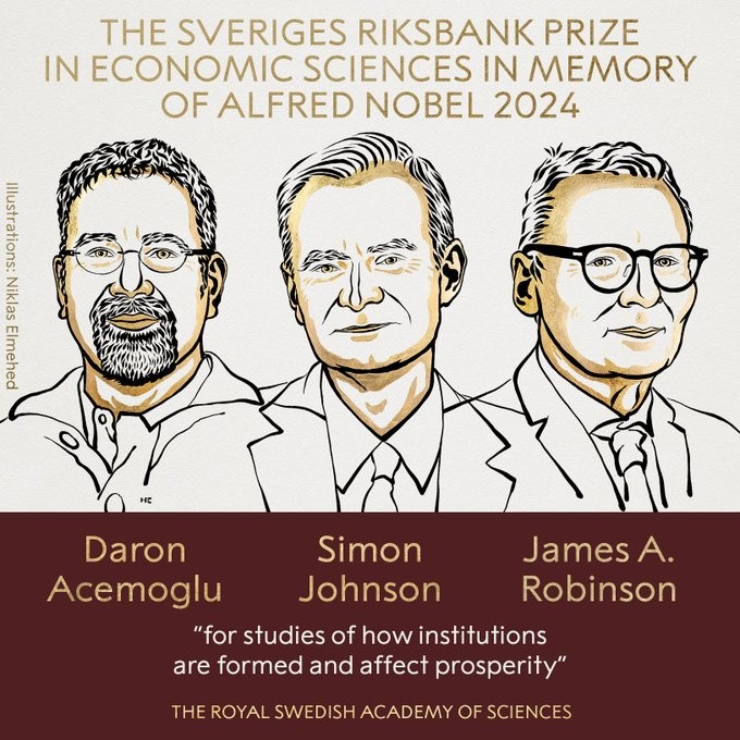 Drawings of three 2024 Nobel in Economics winners with quote "for studies on how institutions are formed and affect prosperity"