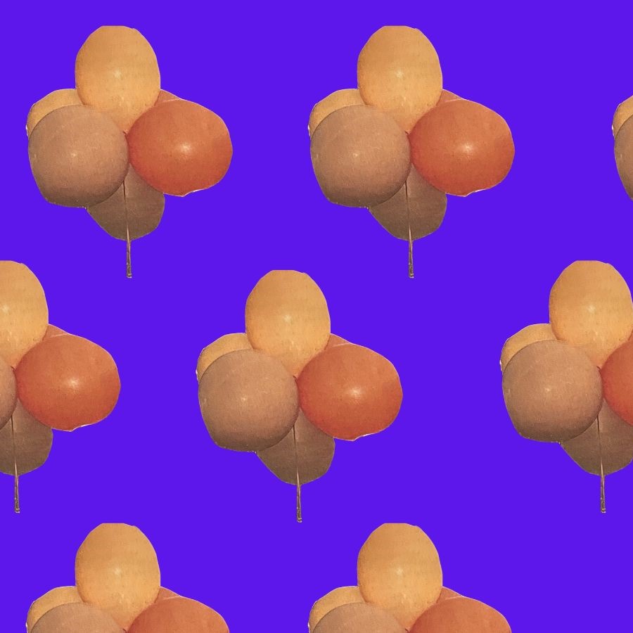 Illustrations of orange balloons against a dark blue background
