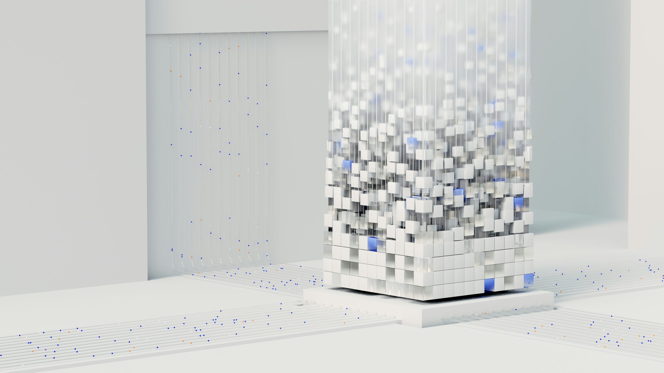An AI-generated image of several white cubes stacking together to form a column