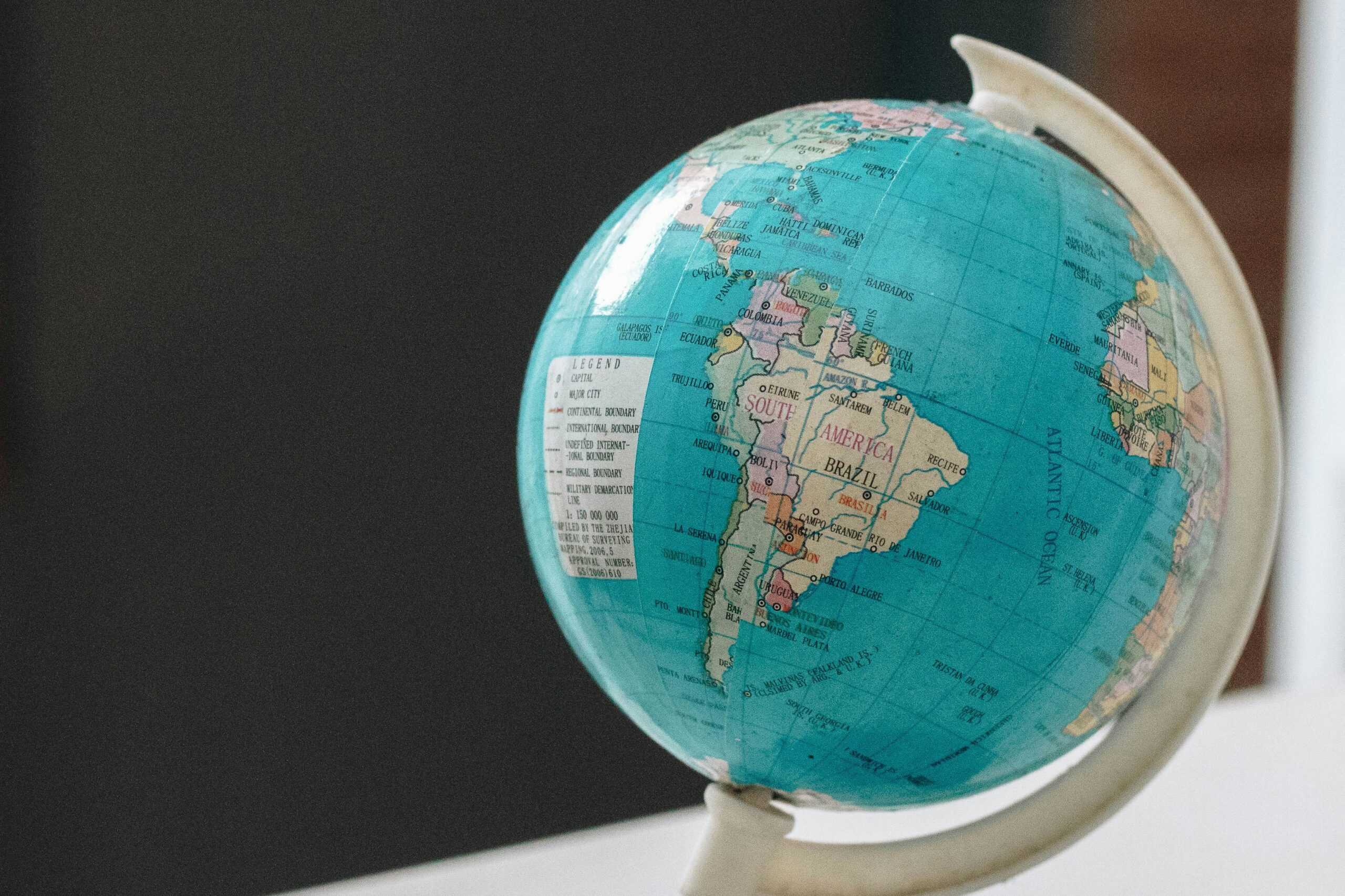 Map of South America on a globe.